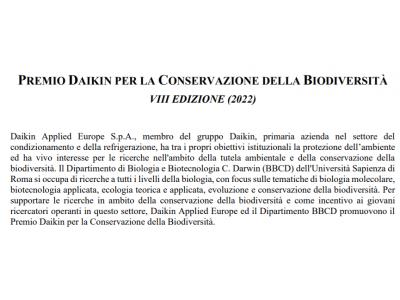 PREMIO DAIKIN PER LA CONSERVAZIONE DELLA BIODIVERSITÀ VIII EDIZIONE (2022)