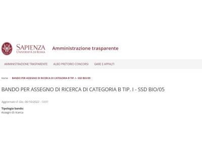 Bando per assegno di ricerca di categoria B TIP. I - SSD BIO/05