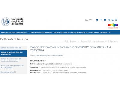 Doctoral Course in BIODIVERSITY (Course of National Interest) – A.Y. 2023/2024 – Cycle XXXIX