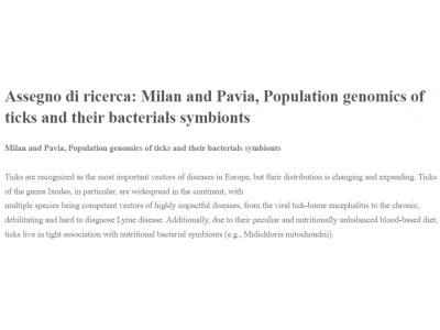 Assegno di ricerca: Milan and Pavia, Population genomics of ticks and their bacterials symbionts