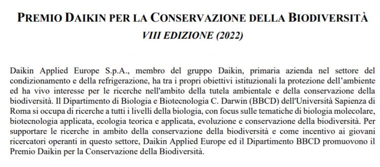 PREMIO DAIKIN PER LA CONSERVAZIONE DELLA BIODIVERSITÀ VIII EDIZIONE (2022)