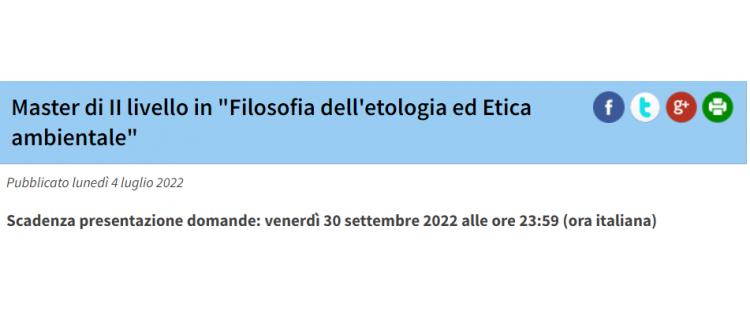 Master di II livello in Filosofia dell'Etologia ed Etica ambientale