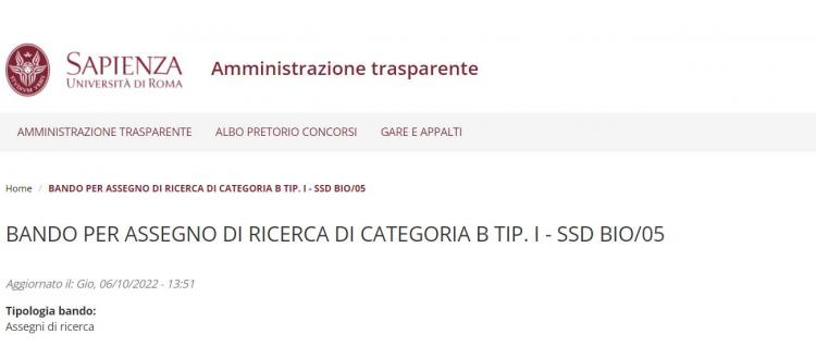 Bando per assegno di ricerca di categoria B TIP. I - SSD BIO/05