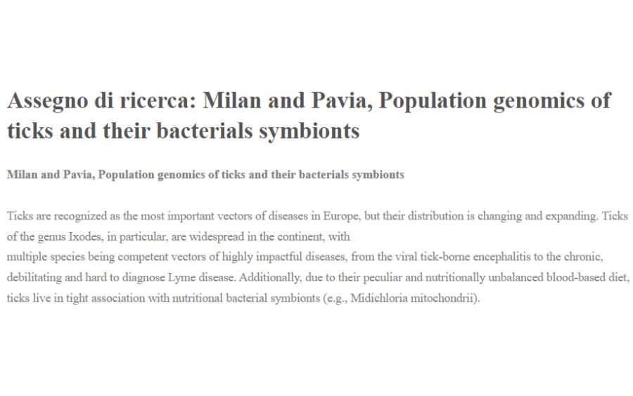 Assegno di ricerca: Milan and Pavia, Population genomics of ticks and their bacterials symbionts